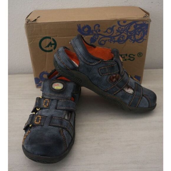 TMA Eyes 27802 Women's Sz 7 Black/Orange Closed Toe Cut-Out Leather Sandals - Picture 1 of 13